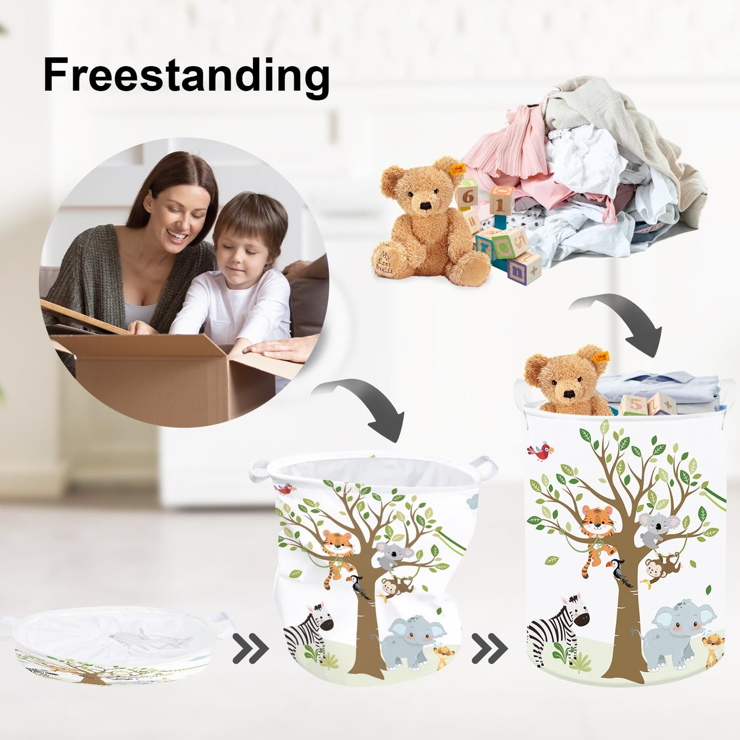 Clastyle 45L Tropical Animal Elephant Kid Laundry Hamper For Boy Girl Collapsible Tiger Clothes Toy Storage Basket With Lid For