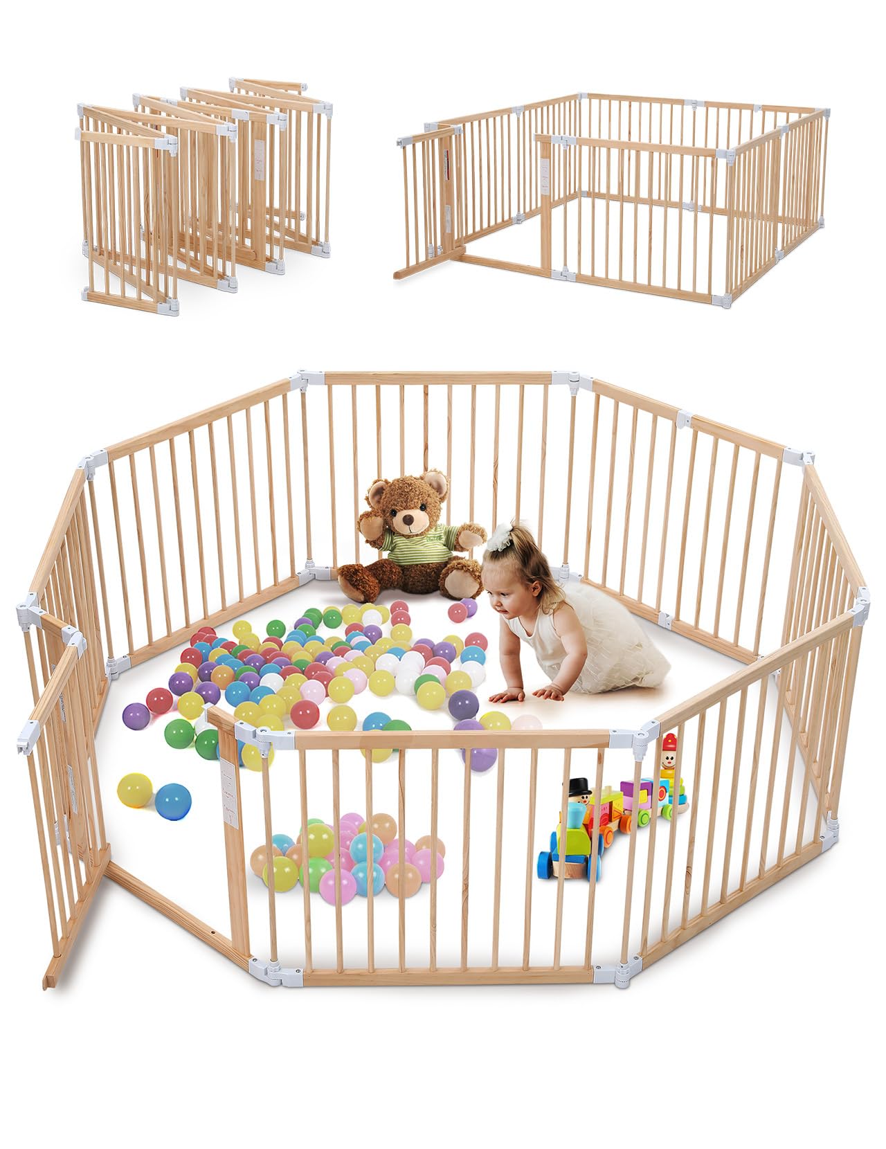 Kidirect Wooden Baby Playpen Foldable, Pre-Assemble Baby Gate Play Pen, Large Adjustable Playpen For Babies And Toddlers, Extra