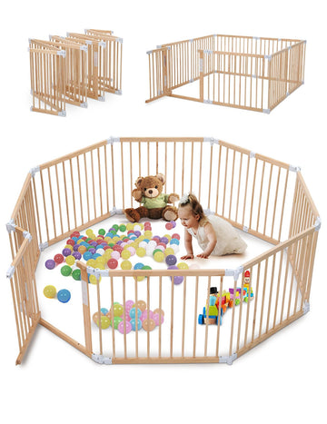 Kidirect Wooden Baby Playpen Foldable, Pre-Assemble Baby Gate Play Pen, Large Adjustable Playpen For Babies And Toddlers, Extra
