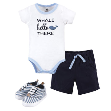 Hudson Baby Baby Boys Cotton Bodysuit, Shorts And Shoe Layette Set, Whale Hello, 3-6 Months Us