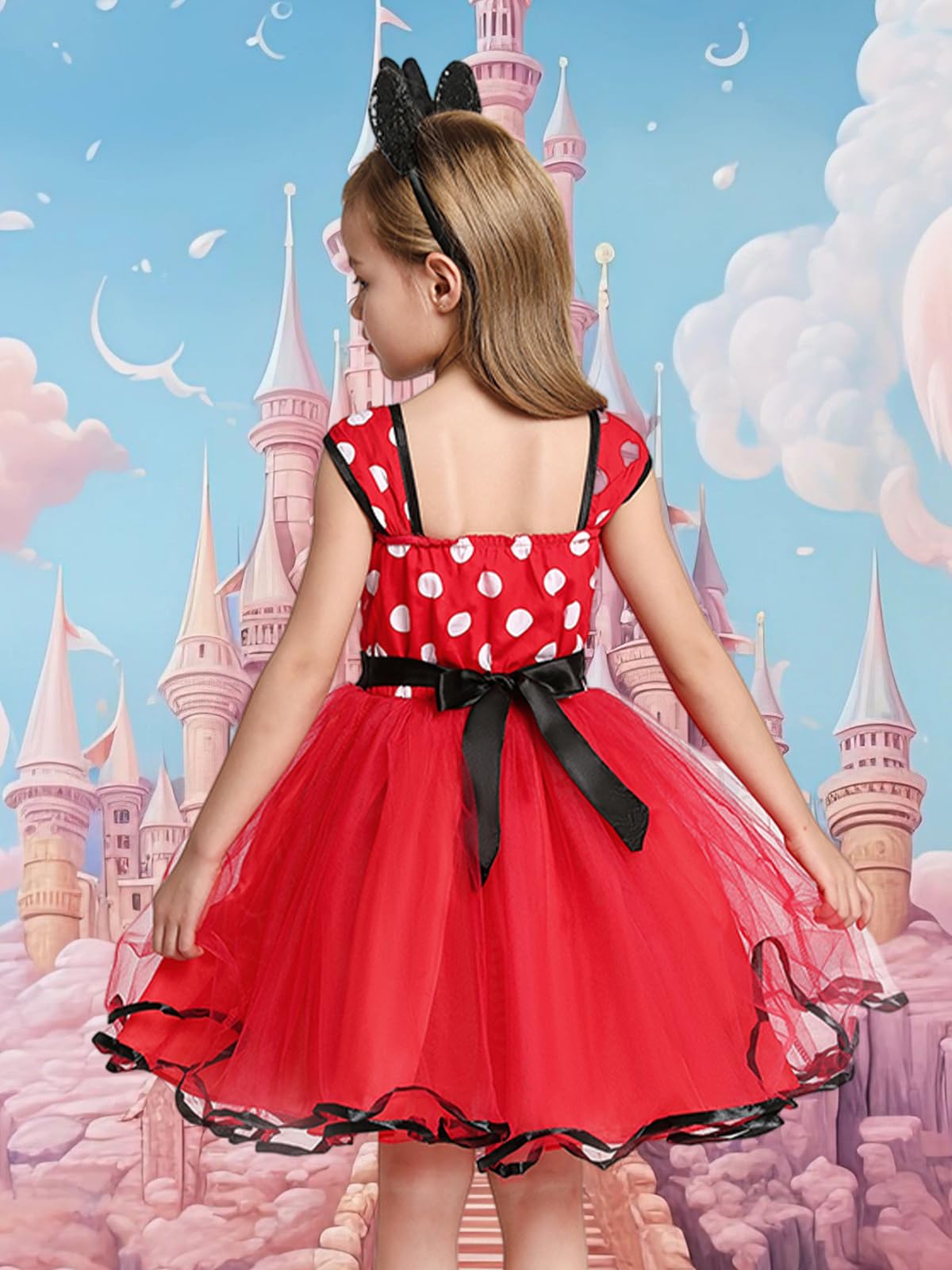 Eledobby Minnie Dress For Girls Princess Mouse Costume Birthday Party Polka Dots Tulle Tutu Dresses With Head Hoop Red 3-4T