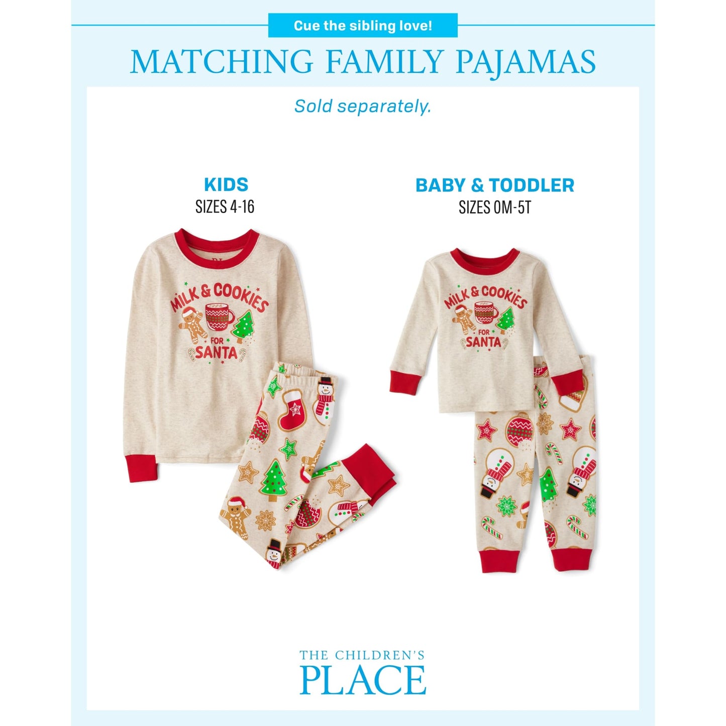 The Children'S Place,Unisex Baby,And Kids, Sibling Matching, Holiday Pajama Sets, Cotton,Milk And Cookies For Santa,6 Months