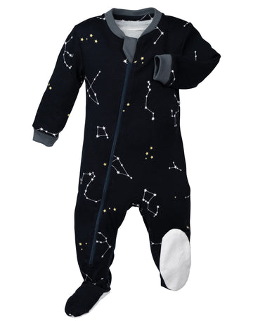 Zippyjamz - Zipper Organic Sleeper Footed Baby Pajamas With Inseam Zipper (Galaxy Love - Navy, 6-9 Months)