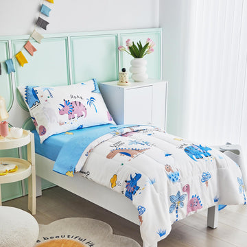 Joyreap 4 Piece Cotton Toddler Bedding Set, Colorful Dinosaurs On White Reversible Design, Includes Quilted Comforter, Fitted Sh