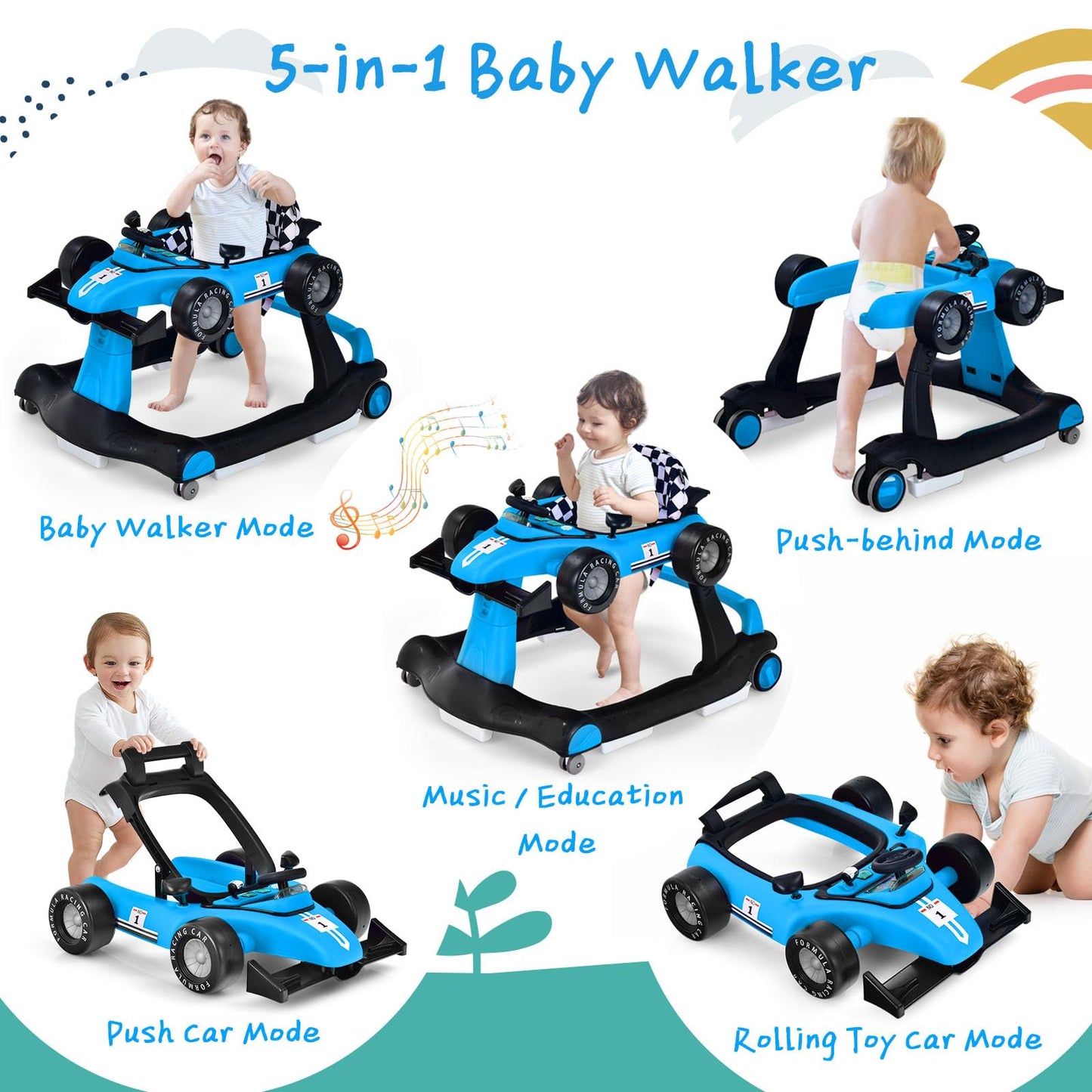 S Afstar 5-In-1 Baby Walker, Foldable Activity Car Walker With Adjustable Height Seat And Speed, Noiseless Smooth Wheels, Music