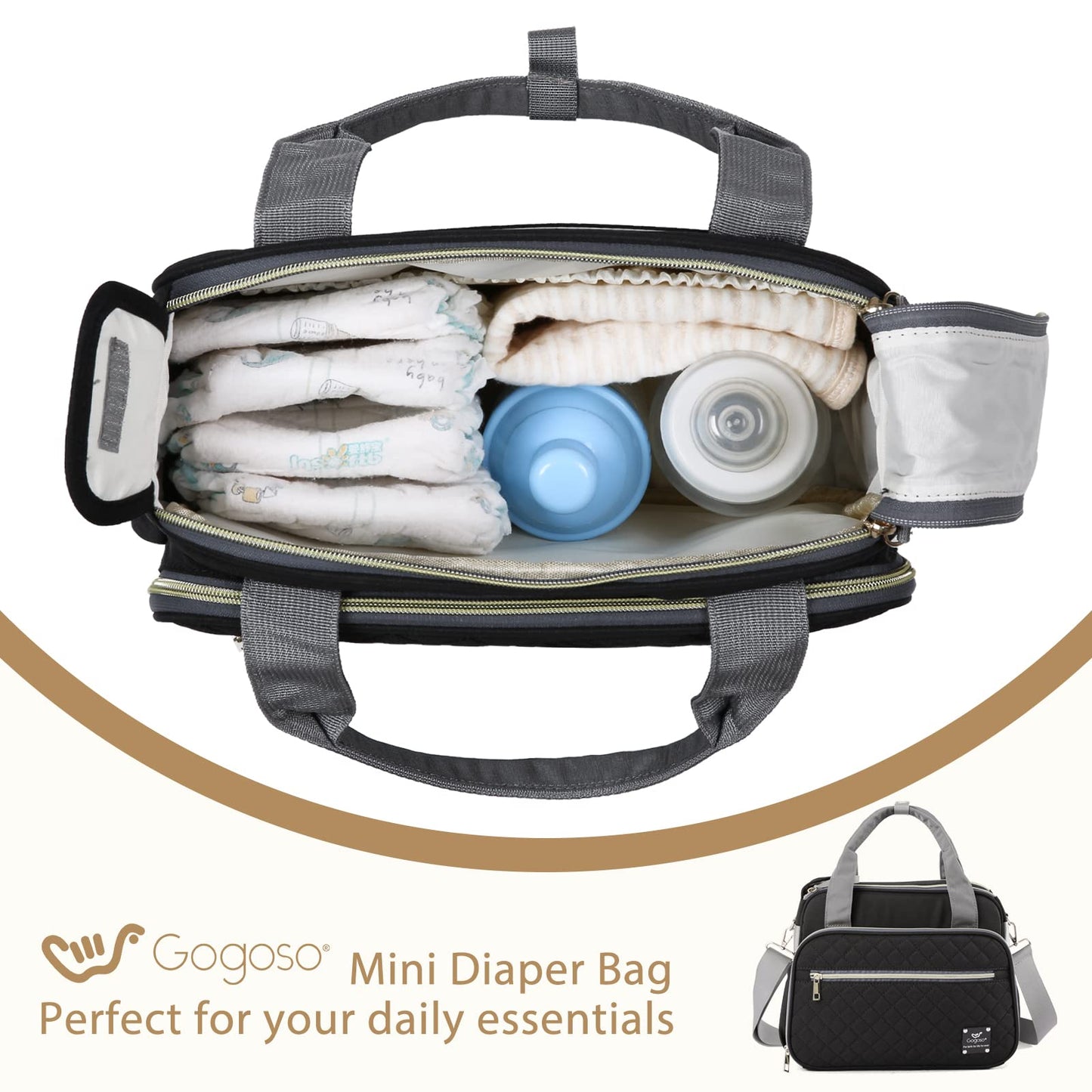 Gogoso Crossbody Small Diaper Bag, Cute Mini Baby Diaper Tote Bags With Insulated Pockets For Traveling Outdoor Parent, Black