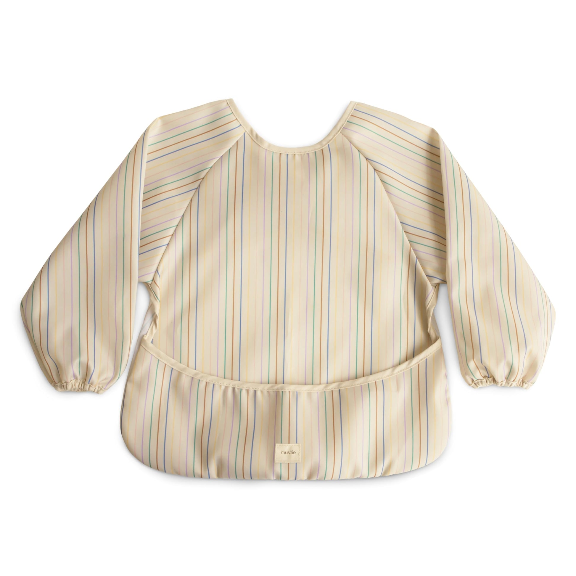 mushie Long Sleeve Baby Bib | Mess Free & Waterproof Fabric for Toddlers | Adjustable Fit for Ages 6-24 Months (Retro Stripes)