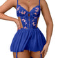 Wdirara Women 'S Floral Embroidery Mesh Split Cut Out Babydoll Lingerie Slip Dress Blue Small