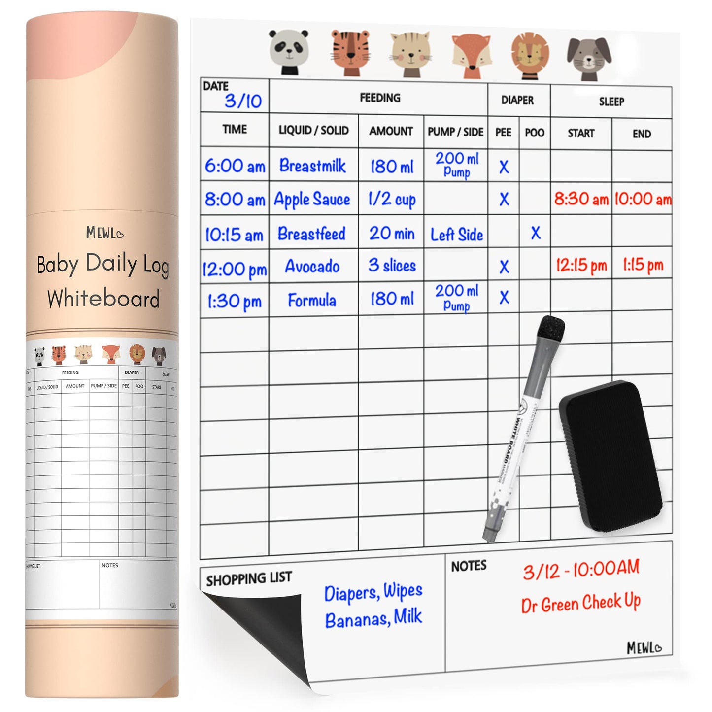Mewl Baby Daily Log Whiteboard - Reusable Baby Tracker to Log Feeding, Diapers & Sleep - Newborn Baby Journal & Schedule Chart f