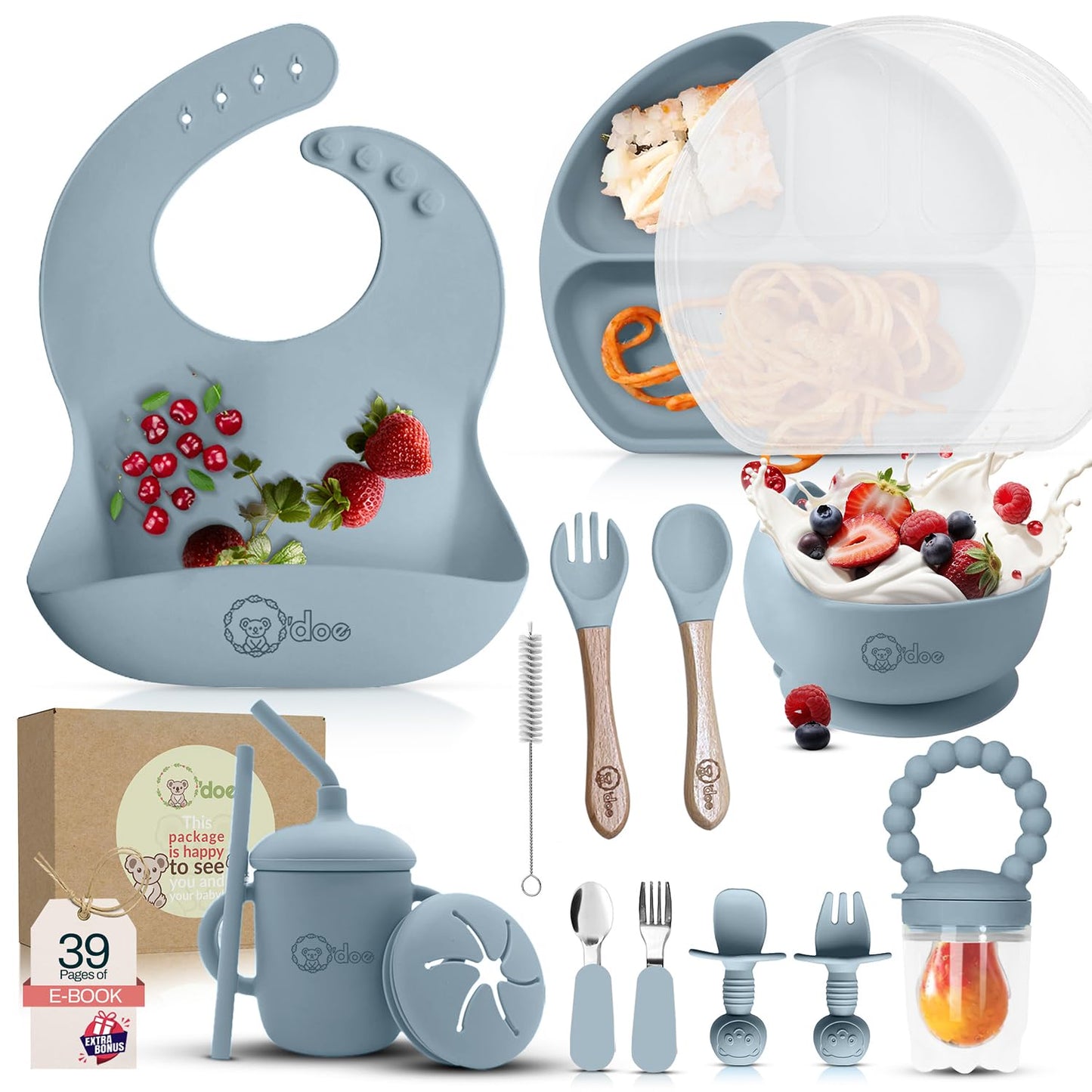 ODoe 11Piece BpaFree Silicone Baby Feeding Set | Thick & Soft Suction Plates, Baby Food Bowl, Wooden Fork & Spoon, And More |