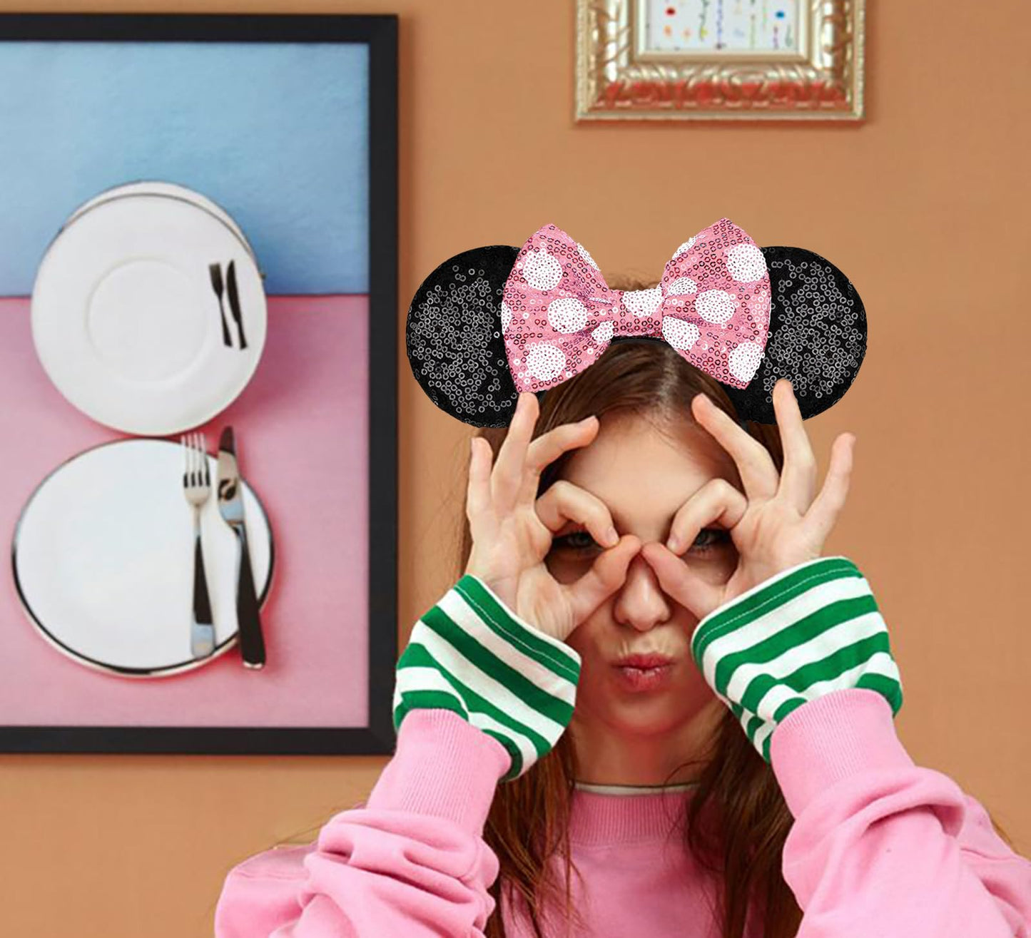 Razko Mouse Ears Headband, Polka Dot-Pink, One Size Fits All