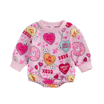 Lamuusaa Newborn Baby Girl Valentines Day Outfit Long Sleeve Heart Romper Bodysuit Oversized Sweatshirt Shirts 0-18M (Pink, 3-6