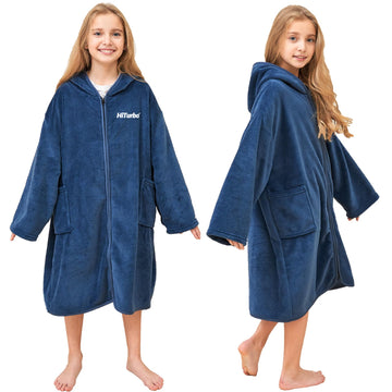 Hiturbo Kids Bath Towel Hoodie: Soft Plush Zipper Surf Poncho - Warm Fleece Changing Towels Swimming Outerwear (Navy)