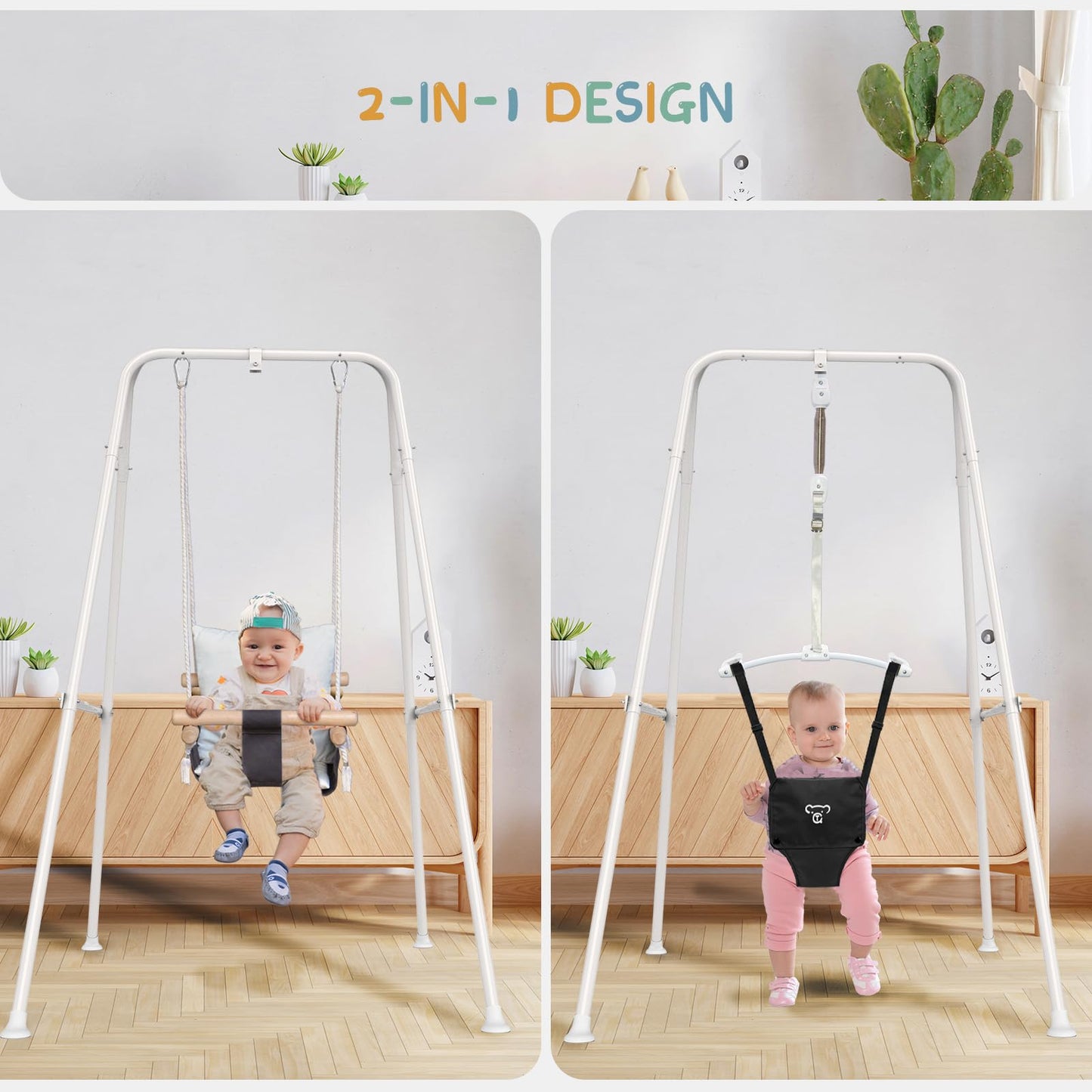 Ragozonery 2 In 1 Baby Jumper With Toddler Swing, Baby Jumpers And Bouncers,Indoor Outdoor Toddler Swing Set, Cotton, White
