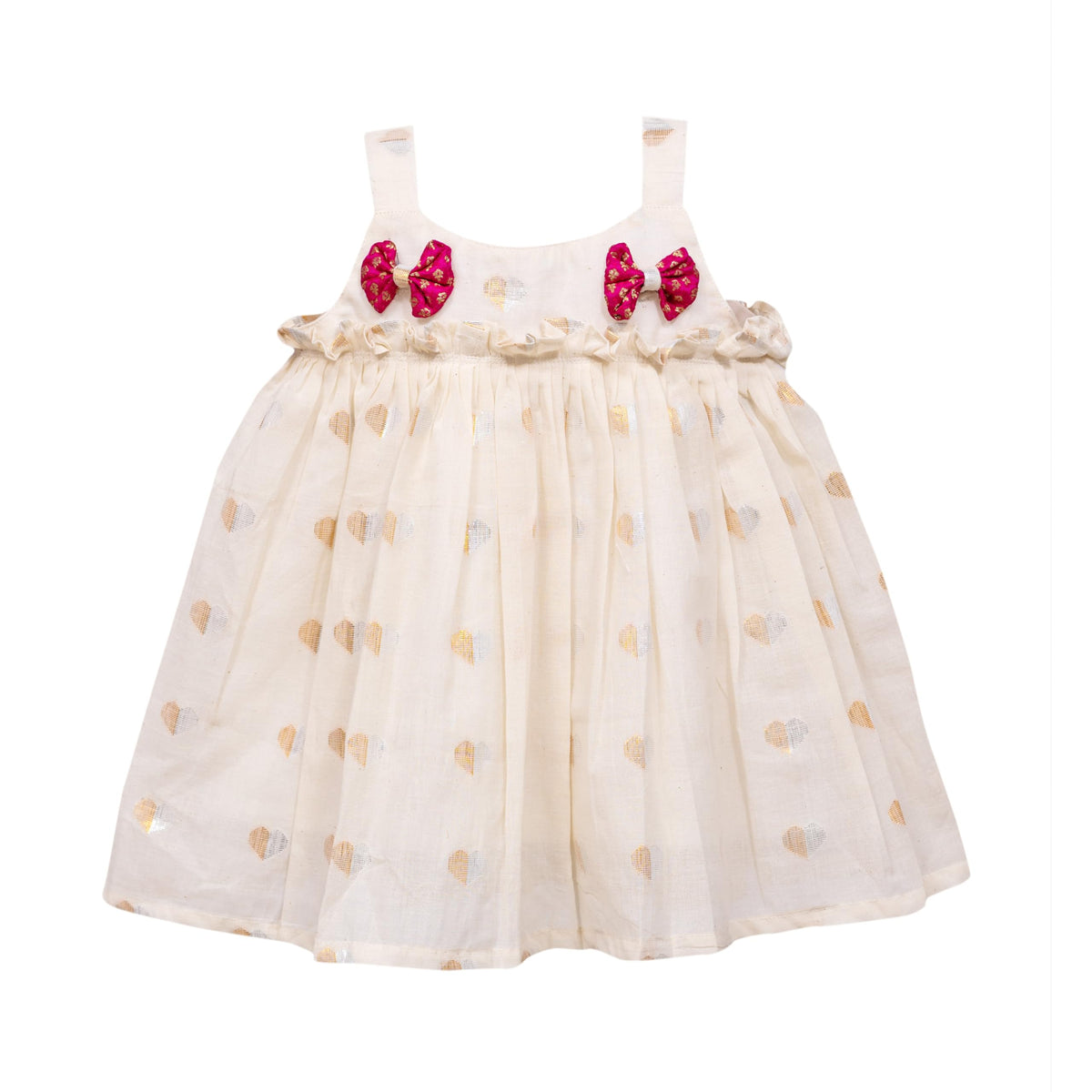 Picksparrow Baby Girl Cotton Frock/Traditional Dress/Kerala Kasavu Dress (Hearts  Bow) (03 Months, Mini, Gold Hearts Bow)
