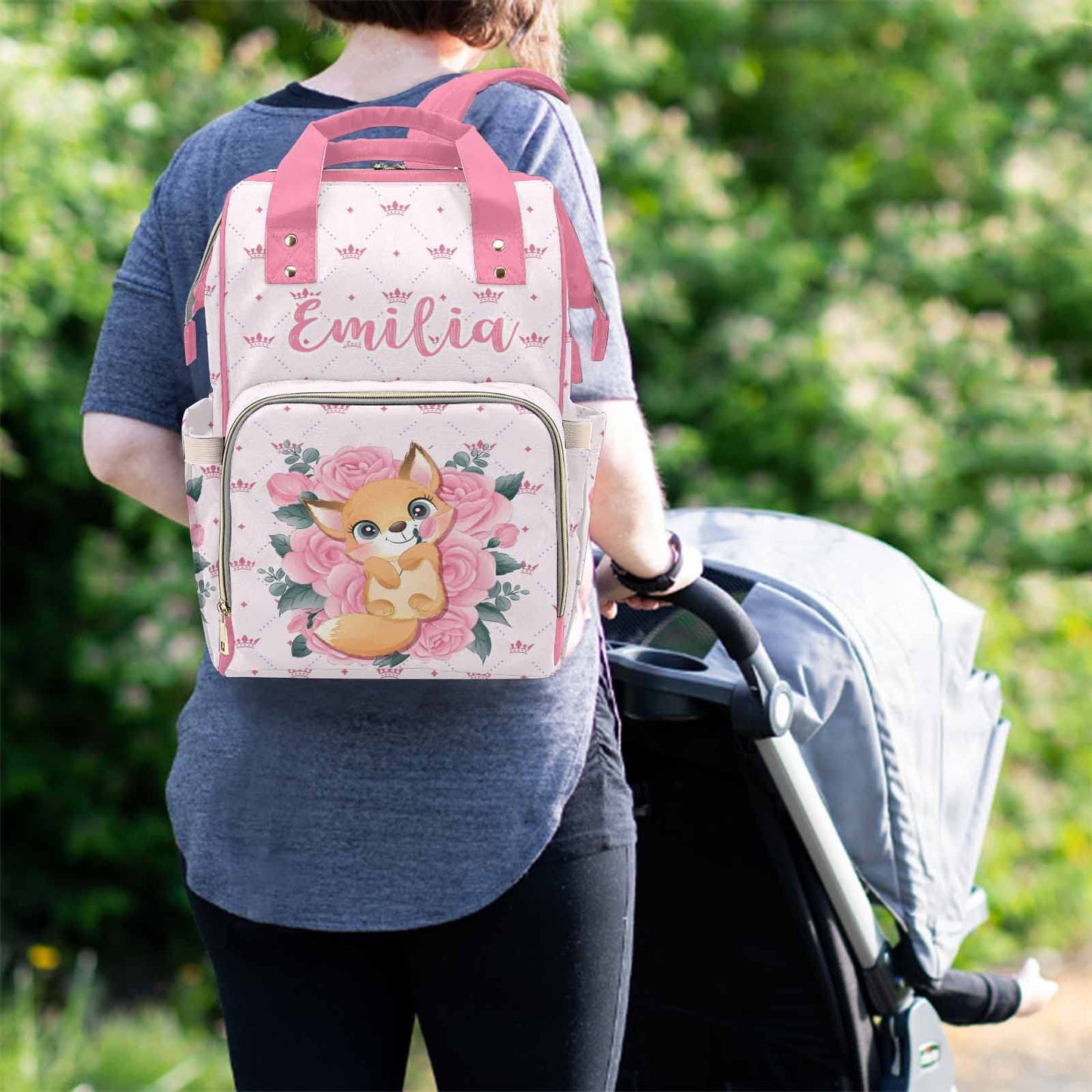 M Yescustom Customized Pink Crown Diaper Bag With Name Christmas Gift For Mom, Custom Cute Fox On Pink Roses Mommy Nursing Daypa