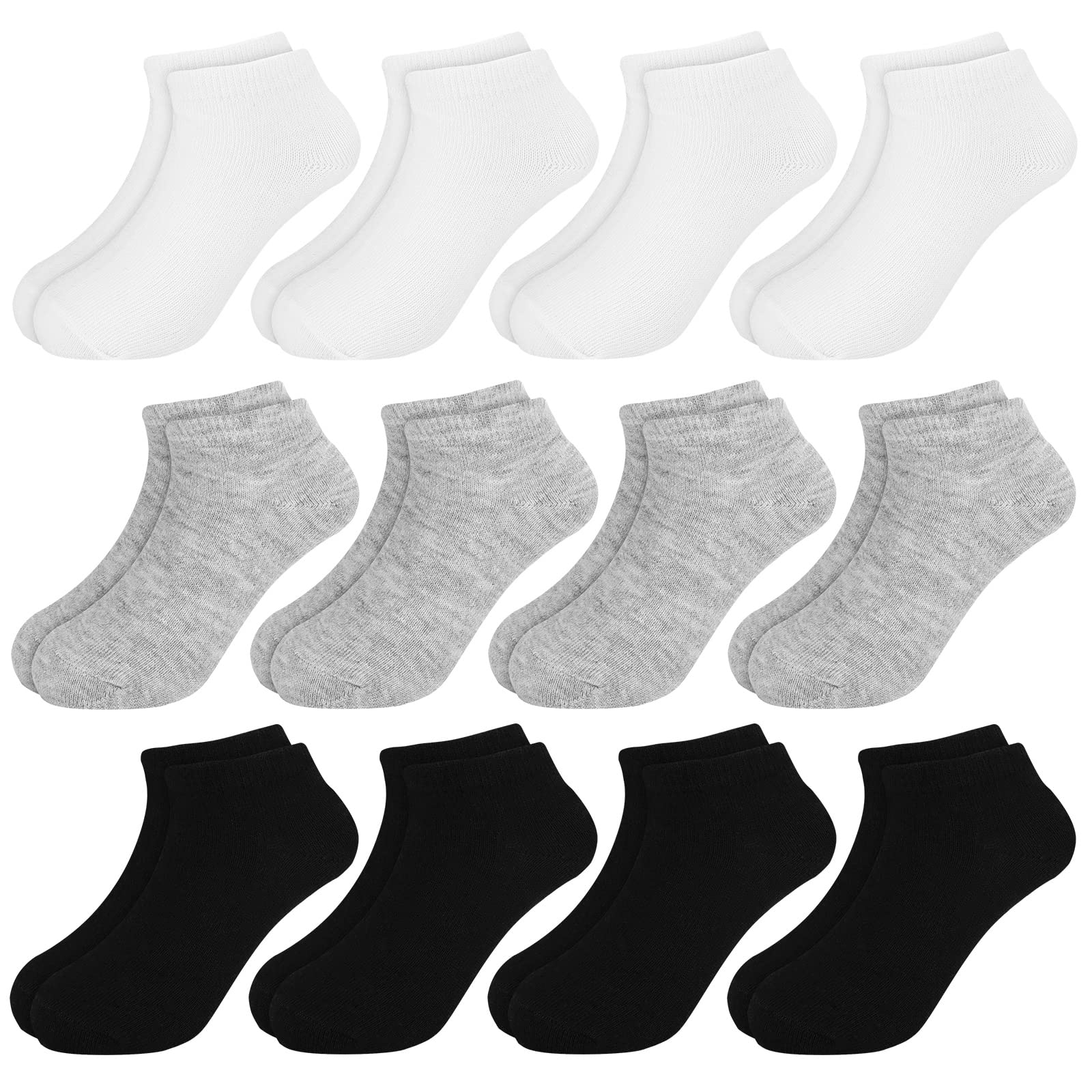 Booph 12 Pairs Kids Ankle Socks Half Cushion Socks 12-16 Years Black-White-Grey
