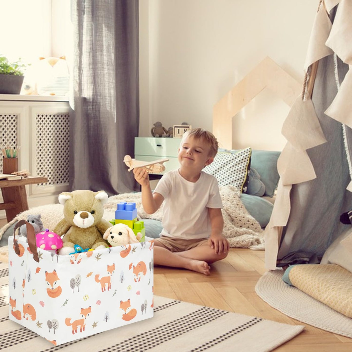 Fxocshe Rectangle Fox Basket,Collapsible Canvas Waterproof Storage Basket,Toy Organizer,Laundry Basket For Kid Rooms,Baby Room D
