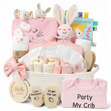 Giftissimo 28-Piece Baby Shower Gifts for Girls, Baby Essentials for Newborn, Large Baby Girl Gift Basket, Gender Reveal Gifts, 