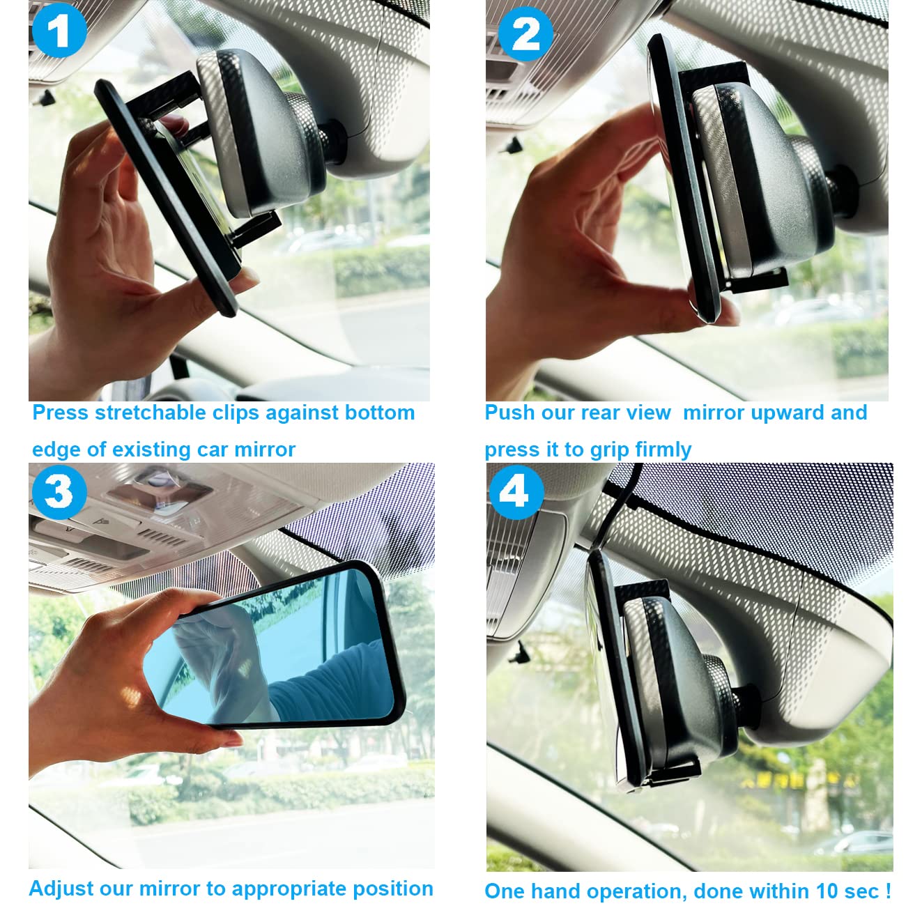 Universal 11.4 Inch Clip On Rearview Mirror - Anti Glare, Wide Angle - Convex - Blue Tint (Bonus 2 PCS Blind Spot Mirrors)