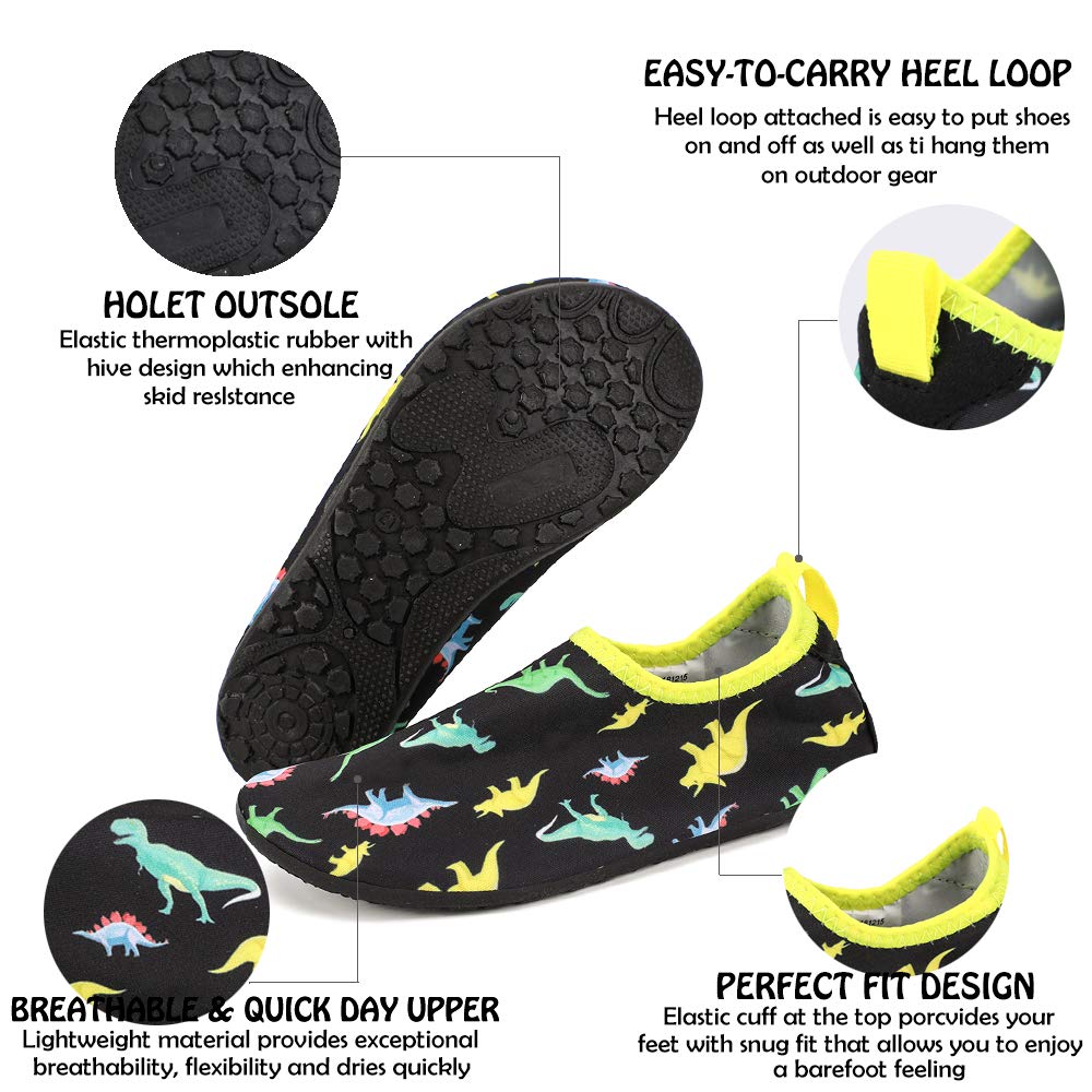 Hiitave Girls Swim Water Shoes Non-Slip Quick Dry Barefoot Beach Aqua Pool Socks For Boys Kids Toddler Black/Dinosaur 3.5-4 M Us
