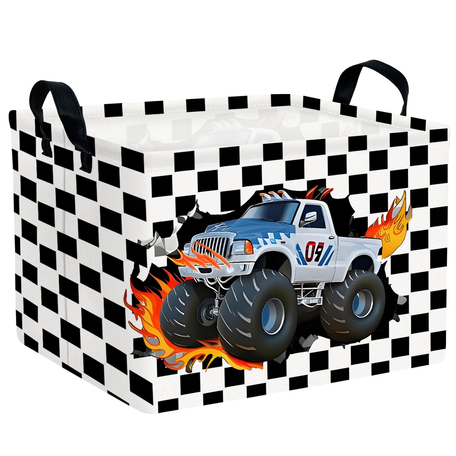 ASKETAM Racing Car Storage Basket Monster Truck Toy Book Shelf Basket Kid Room Decor Gift (Black and White Checkered)