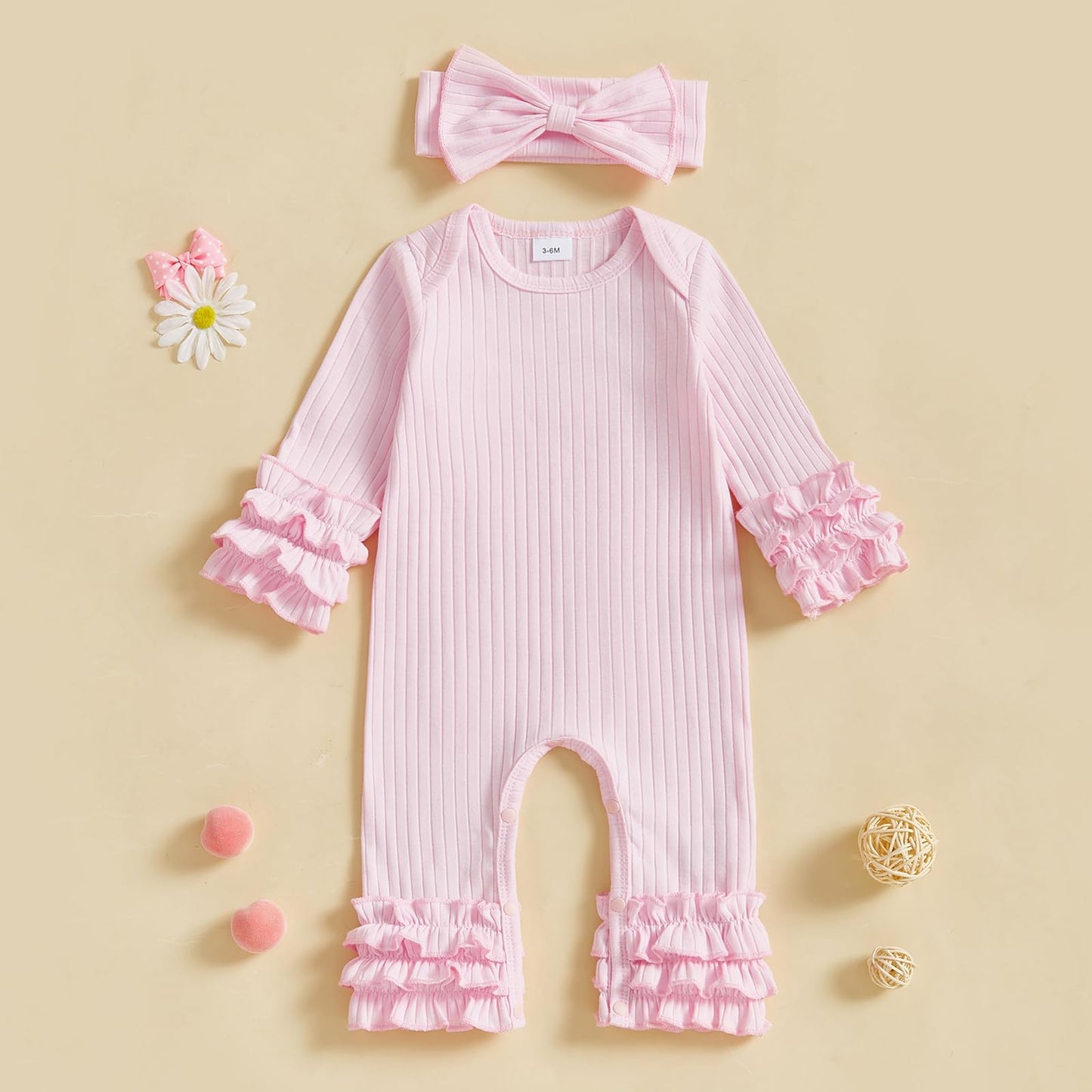 Fiomva Baby Girl Fall Outfits Newborn Ribbed Knit Romper Coming Home Outfit Infant Ruffle Jumpsuit Valentines Clothes (D Ribbed