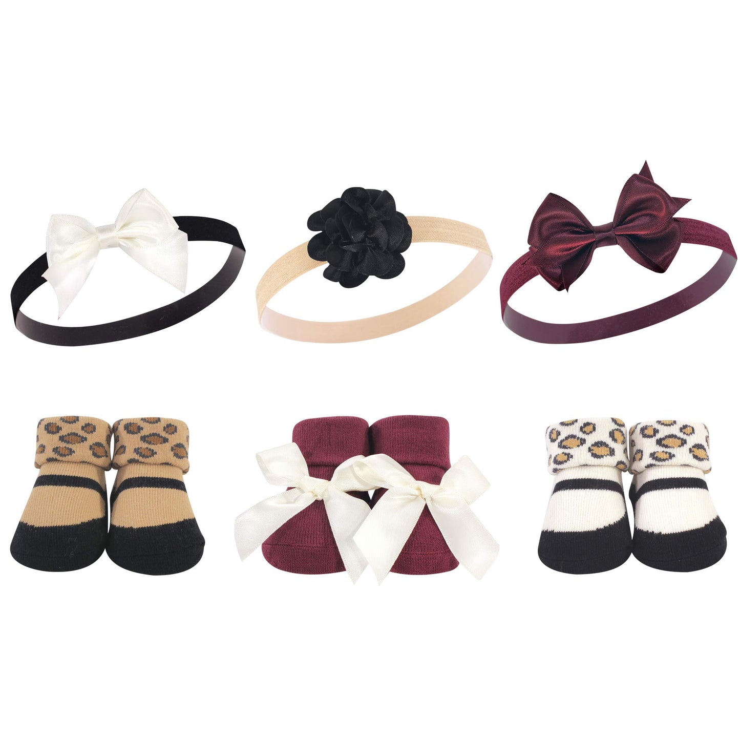 Hudson Baby Unisex Baby Headband And Socks Gift Set, Burgundy Leopard, One Size