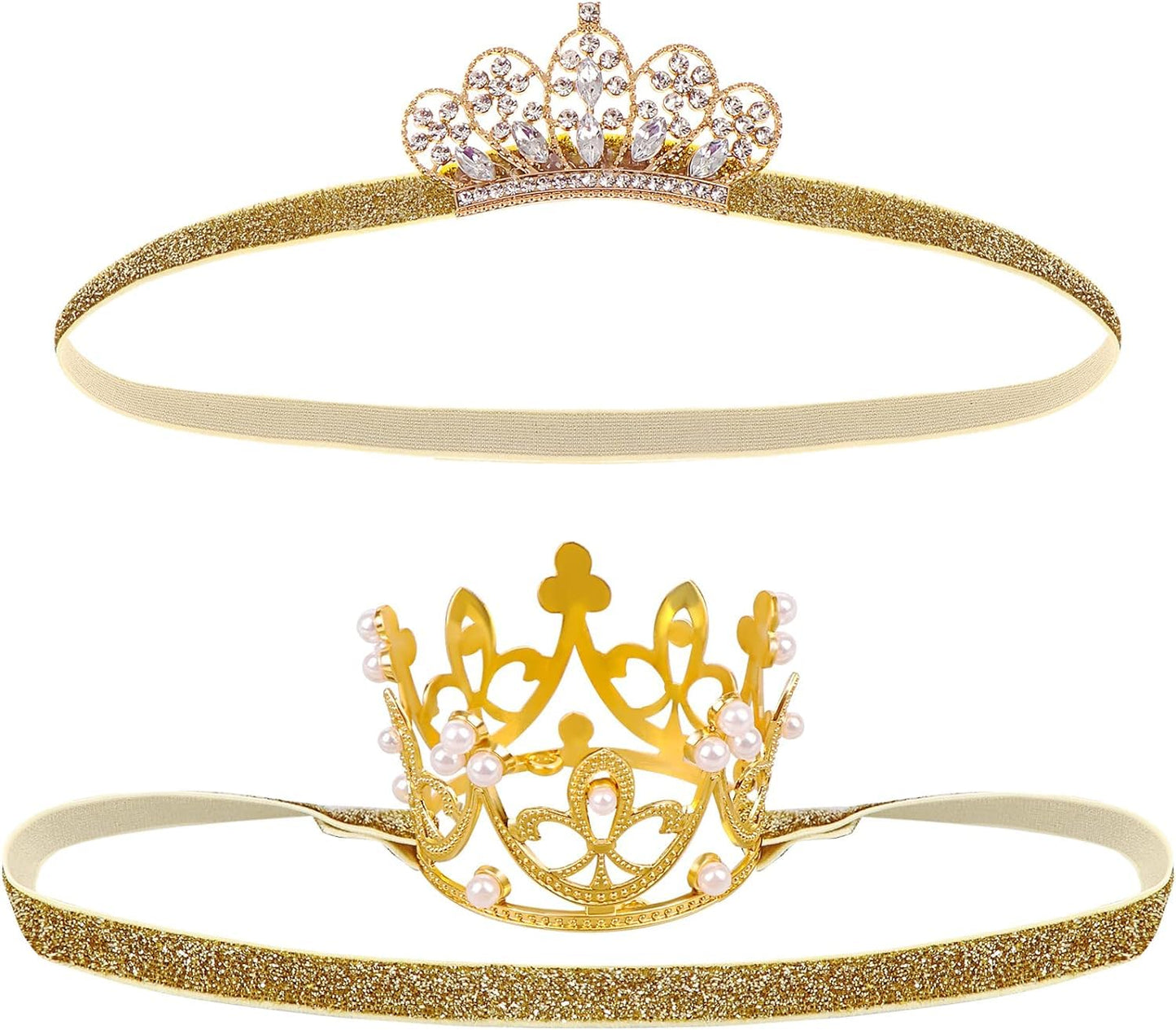 DatingShiny 2PCS Gold Baby Tiara Glitter Baby Crown Headband Crystal Crown Hair Belt for Little Girl Infant Princess Tiaras Birt