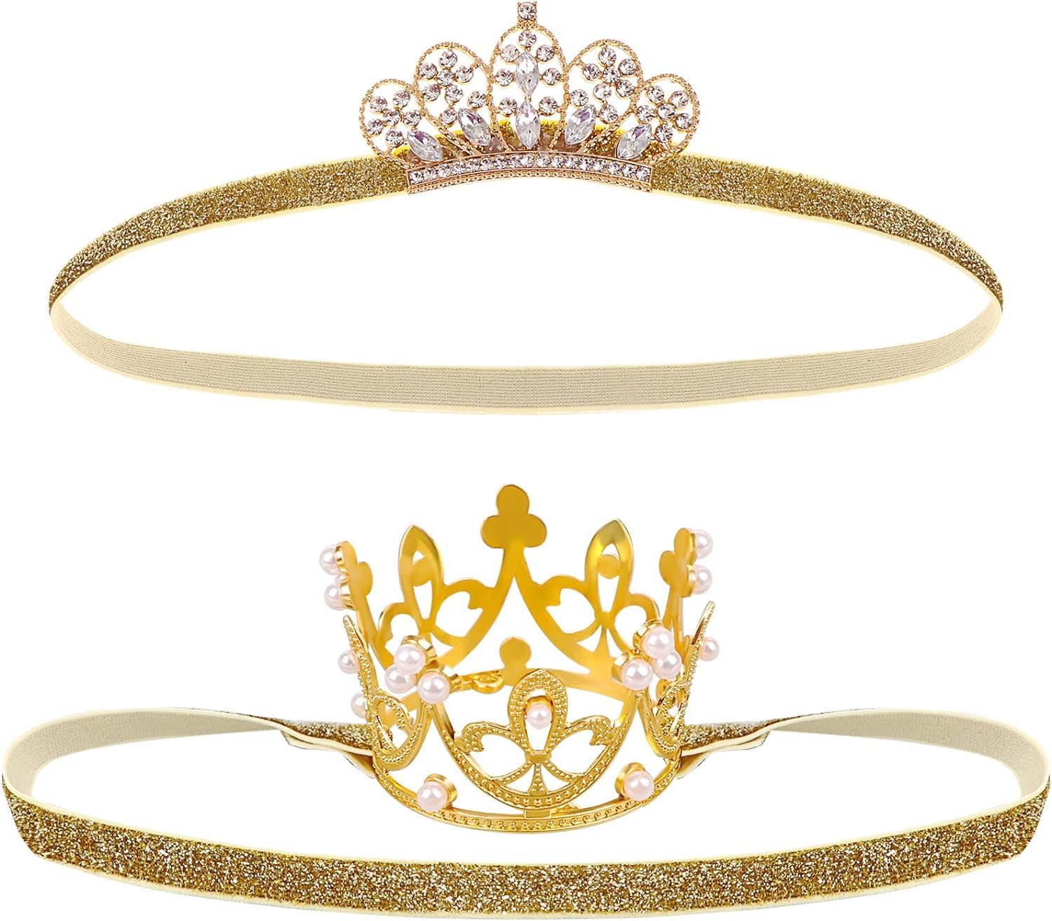 DatingShiny 2PCS Gold Baby Tiara Glitter Baby Crown Headband Crystal Crown Hair Belt for Little Girl Infant Princess Tiaras Birt