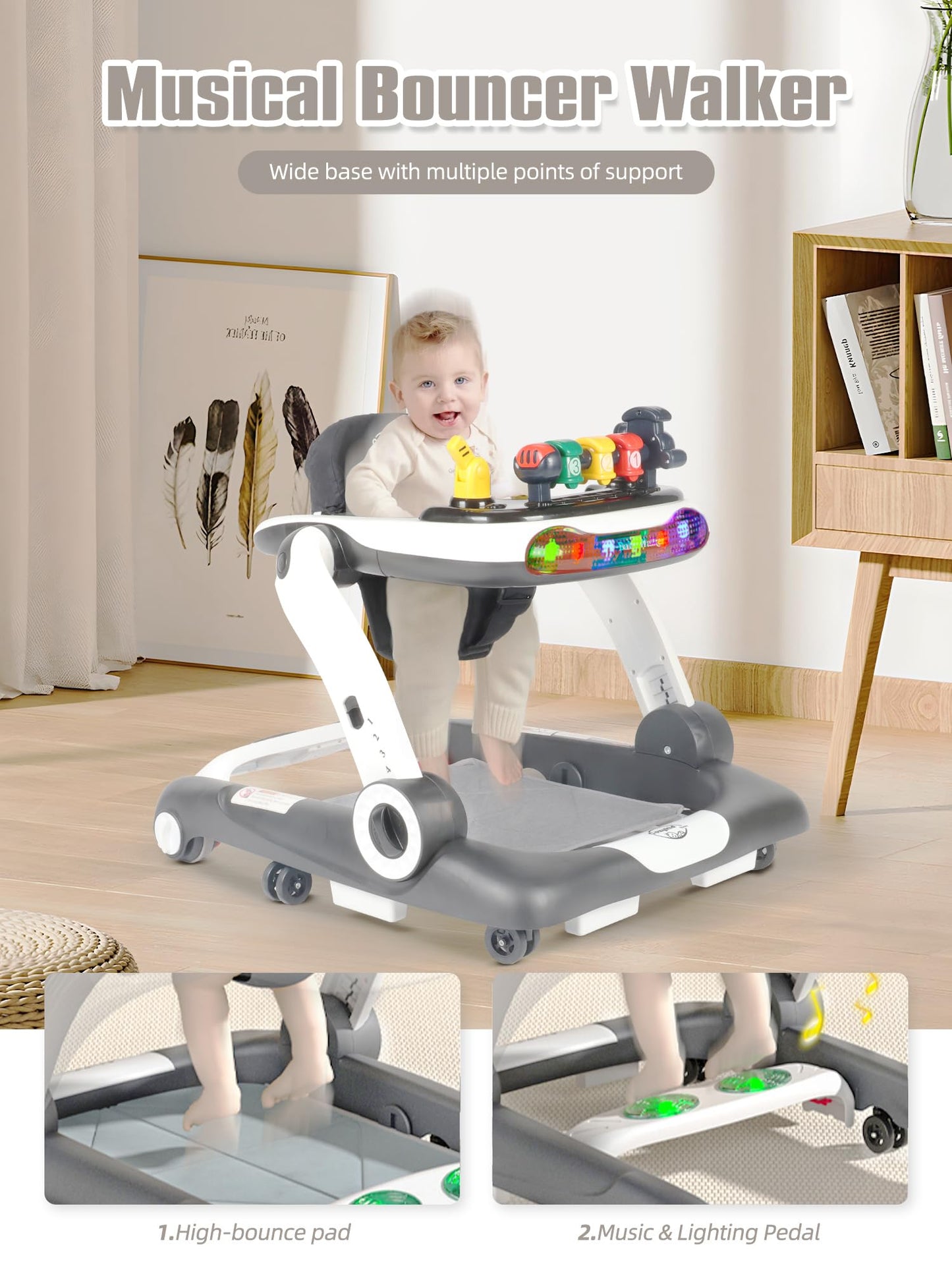 Music And Lights Baby Walker With Wheels, 6 In 1 Baby Activity Center W/Ergonomic Backrest Design, Baby Walkers For Boys W/Foot