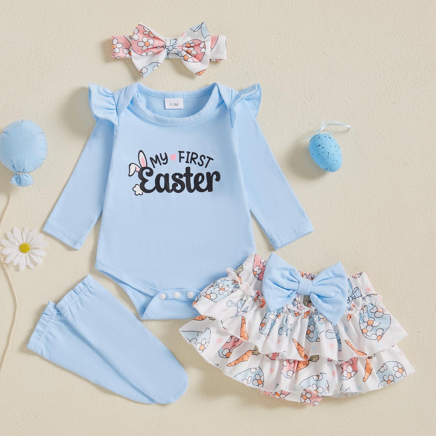 Beqeuewll Newborn Baby Girl Easter Outfit Bunny Clothes Long Sleeve Romper+Bloomers Tutu Skirt+Socks+Headband 4Pcs (First Easter