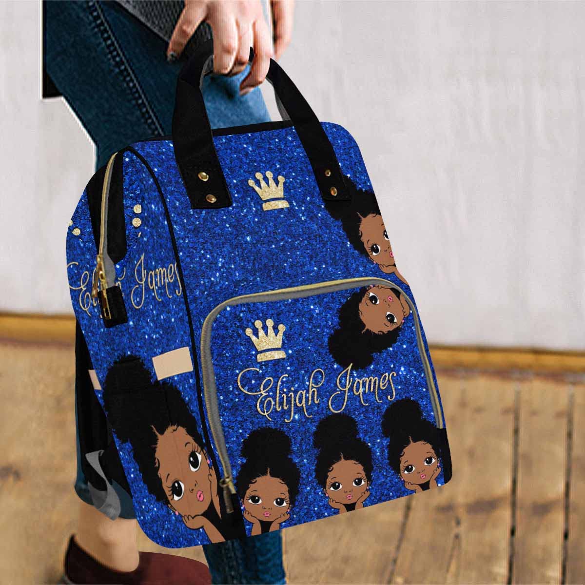 Artsadd Personalized Diaper Bag Backpack With Name, Dark Blue Glitter Crown Daypack Customized Large Capacity Baby Backpack Napp