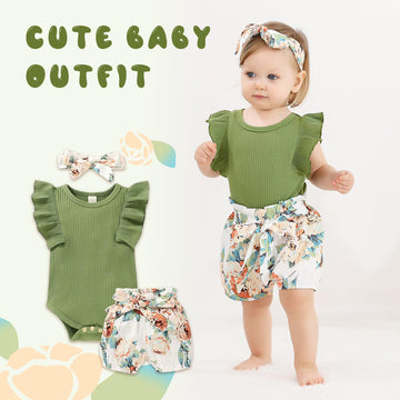 Tiny Cutey Baby Girl Clothes Infant Summer Outfits Set Ruffle Sleeve Romper And Floral Shorts With Headband (Sleeveless Green, 9