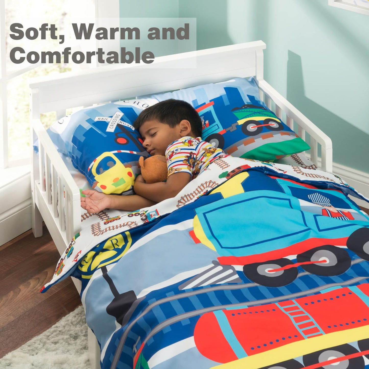 Everyday Kids 4 Piece Toddler Bedding Set -Choo Choo Train- Includes Comforter, Flat Sheet, Fitted Sheet And Reversible Pillowca