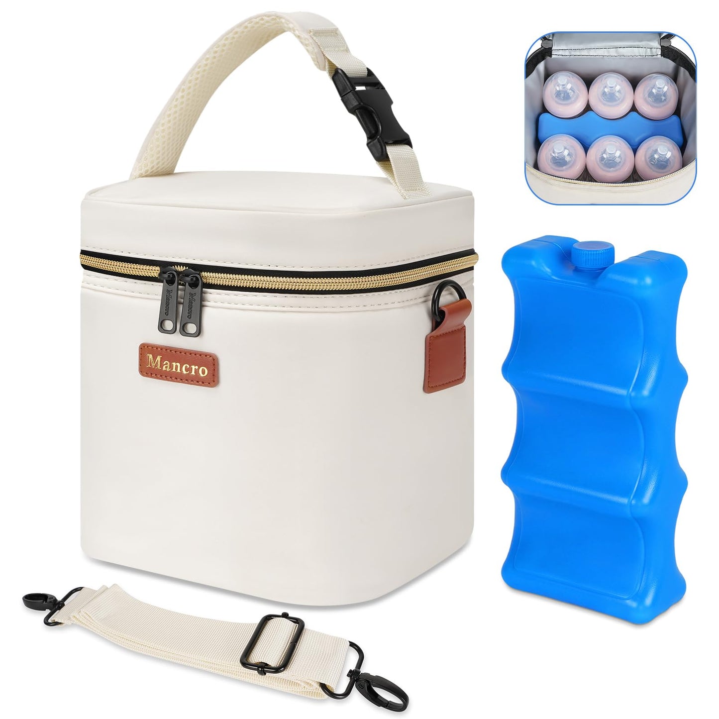 Mancro Breastmilk Cooler Bag with Ice Pack, Fits 6 Insulated Baby Bottles Up to 9 Ounce, Breast Milk Cooler for Nursing Mom (Cre