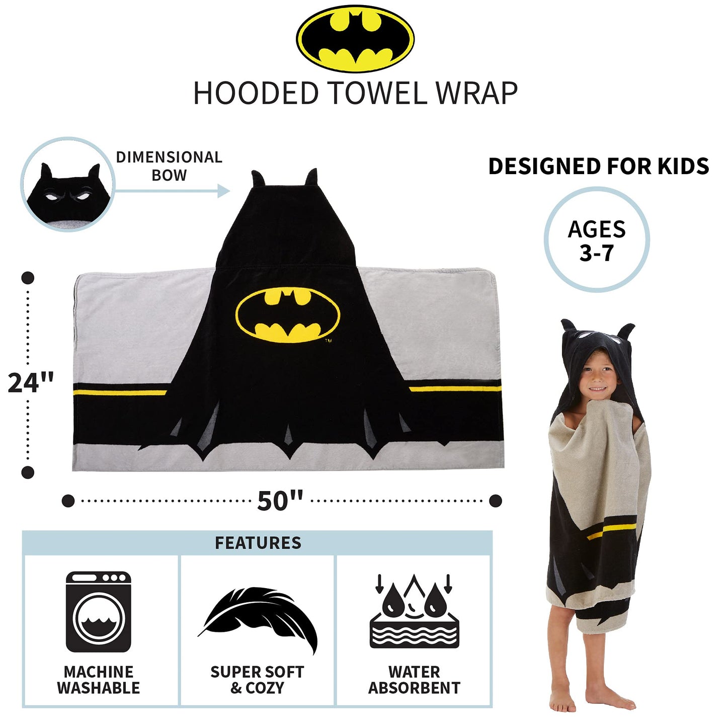 Batman Kids Bath/Pool/Beach Super Soft Cotton Terry Hooded Towel Wrap, 24' X 50', By Franco