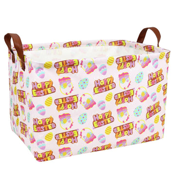 ASKETAM Large Empty Easter Basket for Kid Baby Rectangular Cute Easter Gift Bunny Eggs D?or Storage Basket (Pink Happy Egg)