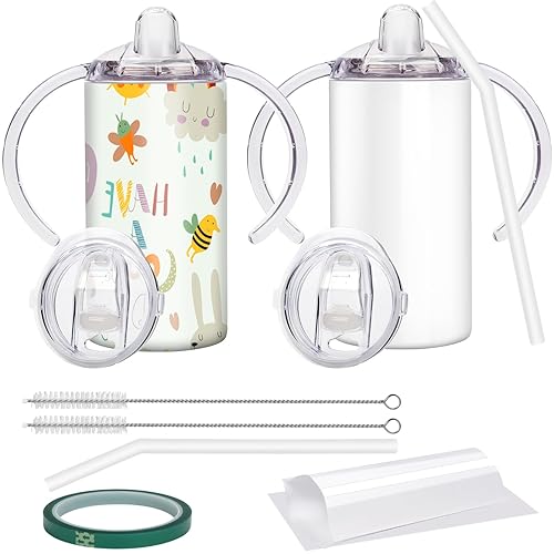 Vermida Sublimation Sippy Cup Blank With Handle, 12Oz Stainless Steel Sippy Cups, Kids Cups With Straws And Lids Spill Proof Dou