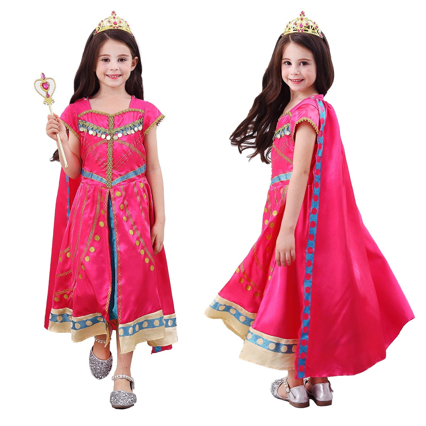 Princess Jasmine Costume Dress Up Clothes Fancy Arabian Outfit Attire With Cape Tiara Wand Gloves Accessories Set For Little Tod