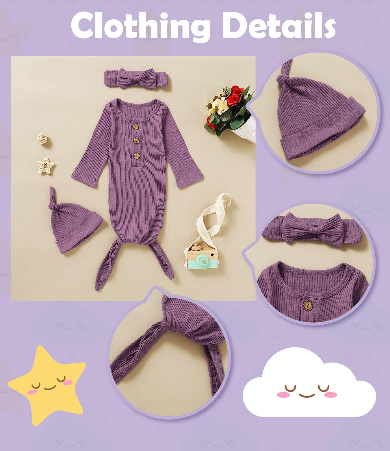 Morygooder Newborn Cotton Nightgowns Neutral Baby Knotted Sleeper Baby Coming Home Outfit (Purple, 0-6 Months)