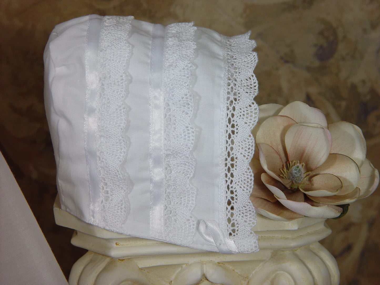 Little Things Mean A Lot 30' Cotton Batiste White Christening Baptism Gown With Cluny Trim And Bonnet - 3 Months (8-12 Lbs)