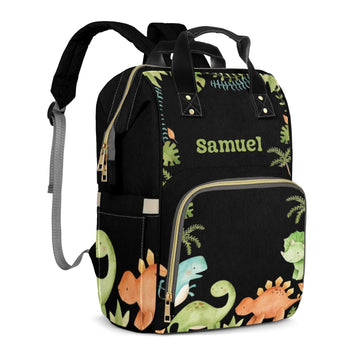 Personalized Diaper Bag with Name, Custom Cute Green Dinosaur Theme Bag, Black Monogram Nappy Backpack with Thermal Pockets for 
