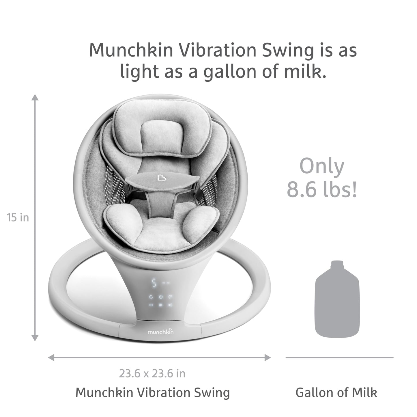 Munchkin Vibration Baby Swing, Light Grey - Bluetooth-Enabled Smart Seat With Music, Motion, And Sounds