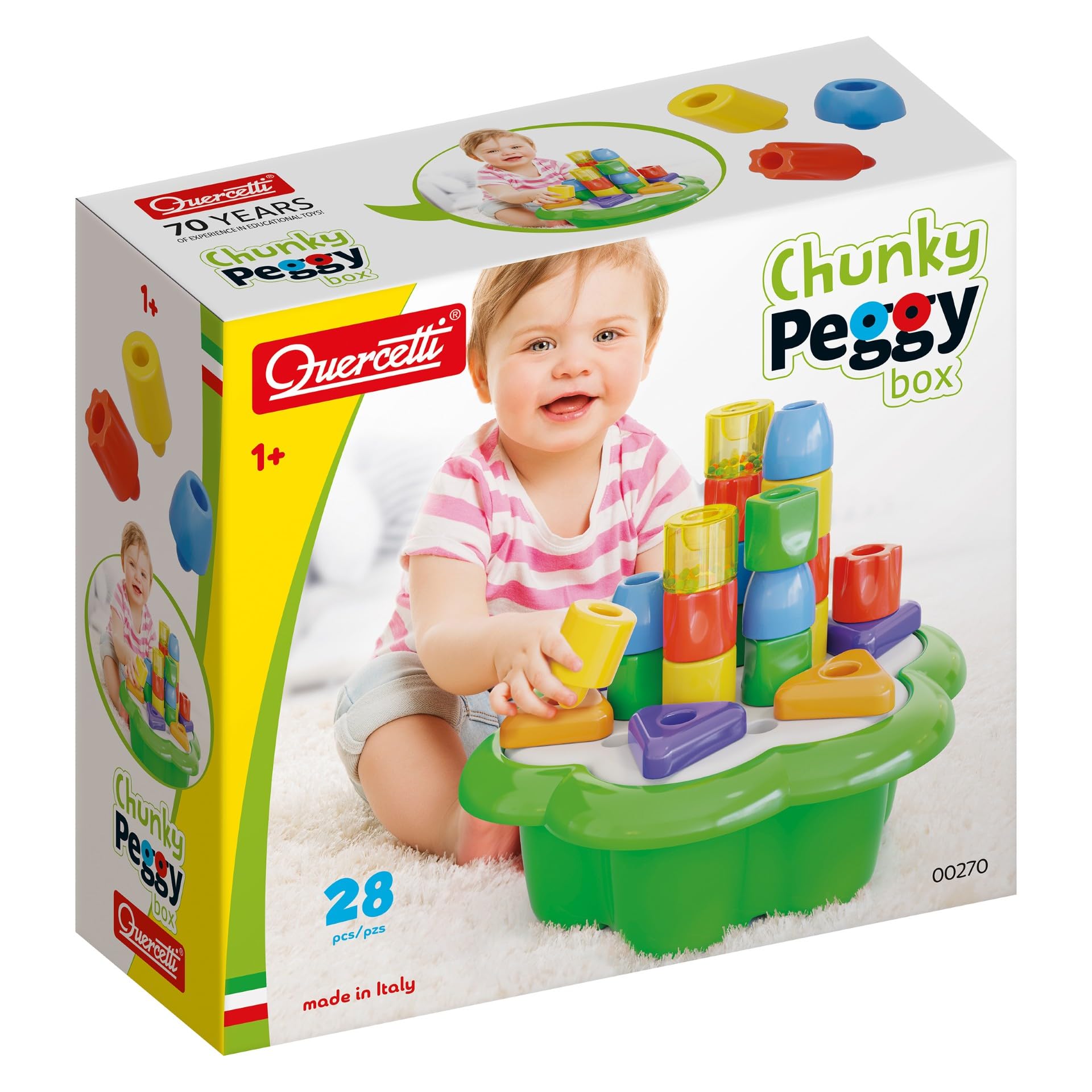 ASO Quercetti Chunky Peggy Stacking Toy - 28-Pieces Including 2 Rattle Pegs, Sturdy Daisy Basket Design with Built-in Storage, f
