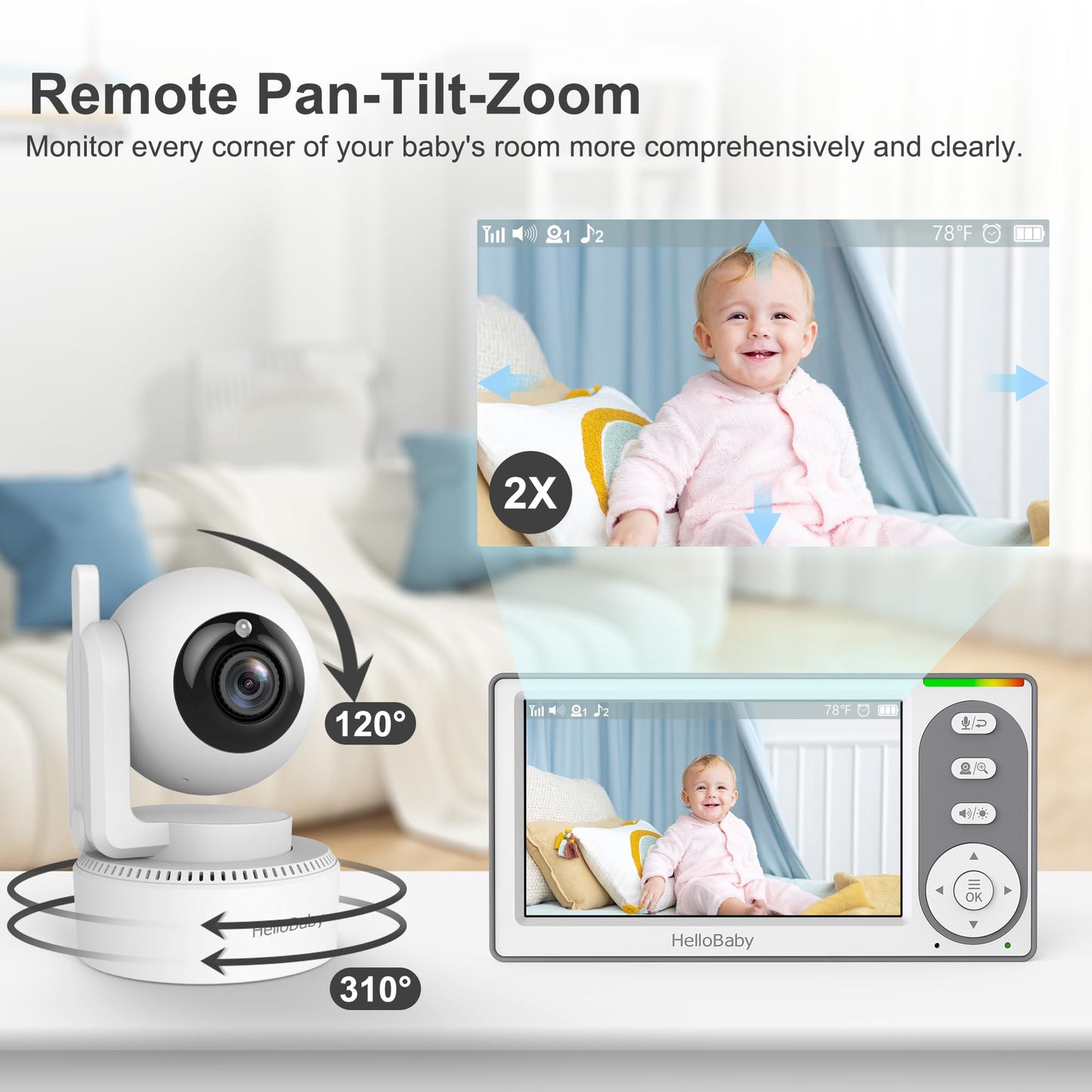 Hellobaby 4.3'' Video Baby Monitor With 30 Hours Battery, Remote Pan-Tilt-Zoom Baby Monitor No Wifi, Baby Monitor With Camera An
