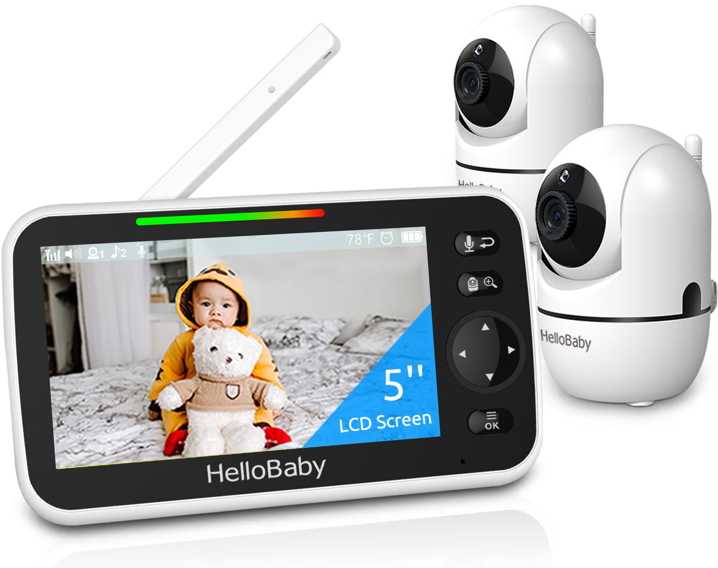 Hellobaby 5 Baby Monitor With 26-Hour Battery, 2 Cameras Pan-Tilt-Zoom, 1000Ft Range Video Audio Baby Monitor No Wifi, Vox, Nigh