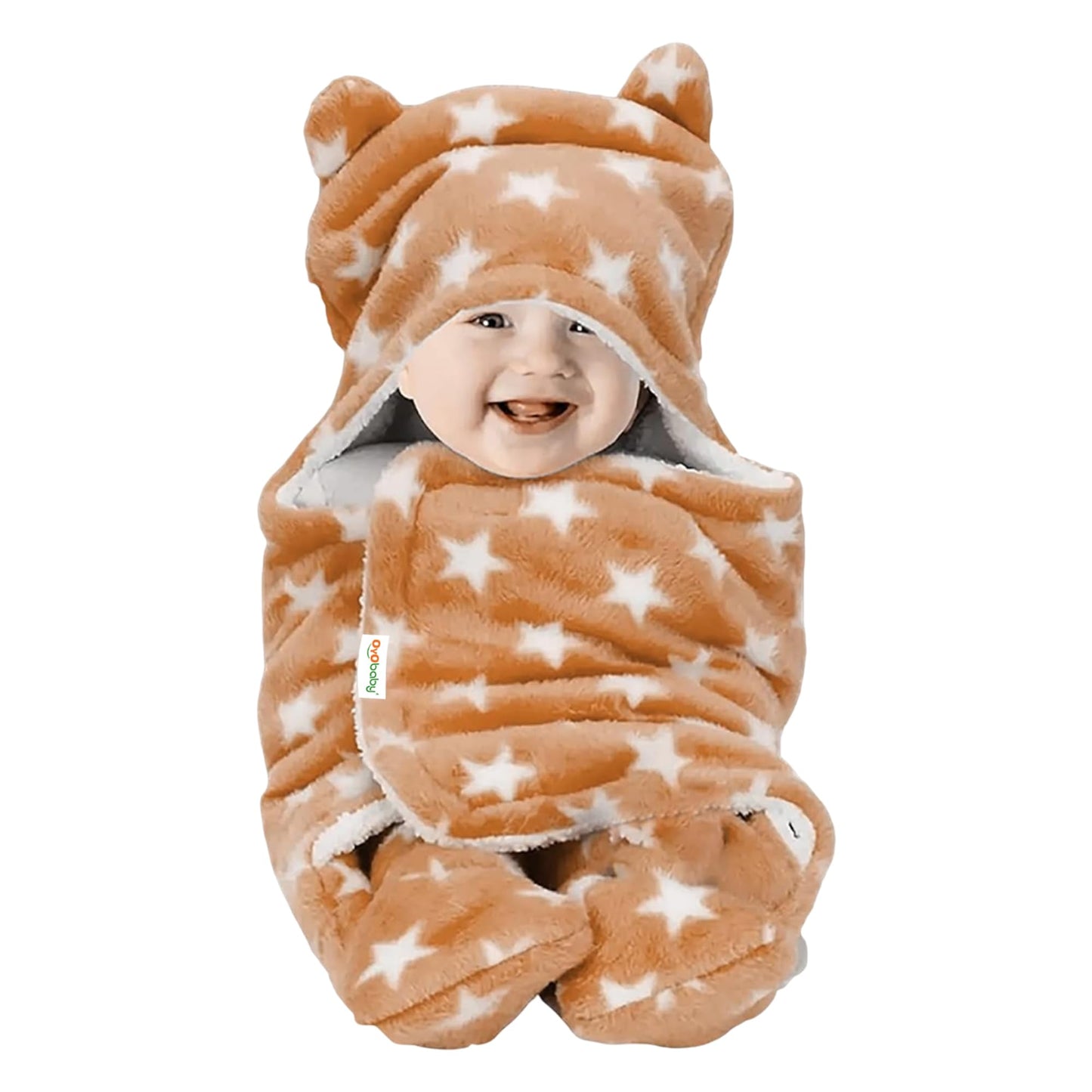 Oyo Baby Lightweight Fleece Baby Blanket With Hood & Booties  Beige Star Print, 06 Months | Super Soft Wearable Swaddle Wrap &