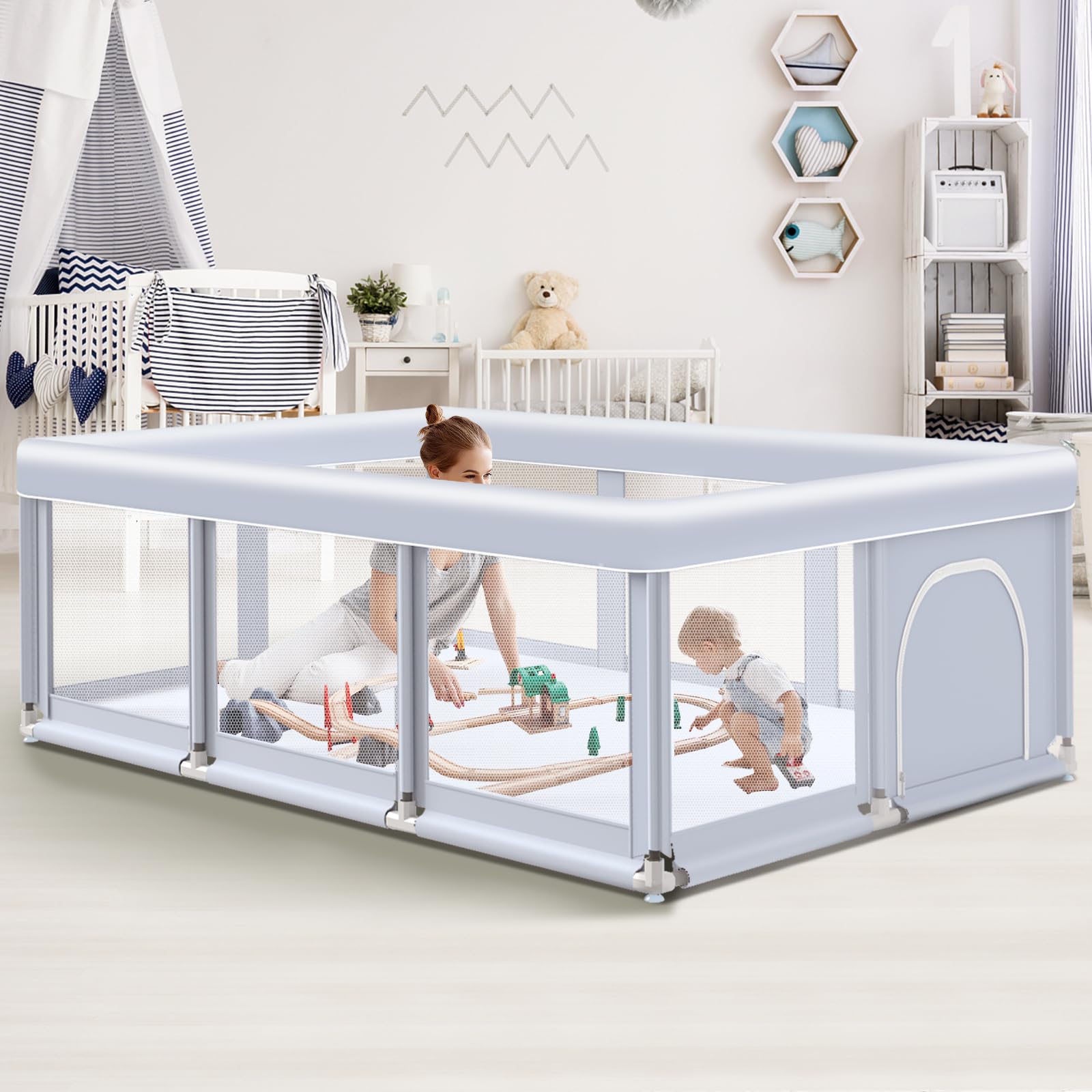 Baby Playpen 74 'X50 ' Play Pens For Babies And Toddlers, Large Play Yards For Indoor & Outdoor With Zipper Gates, Breathable