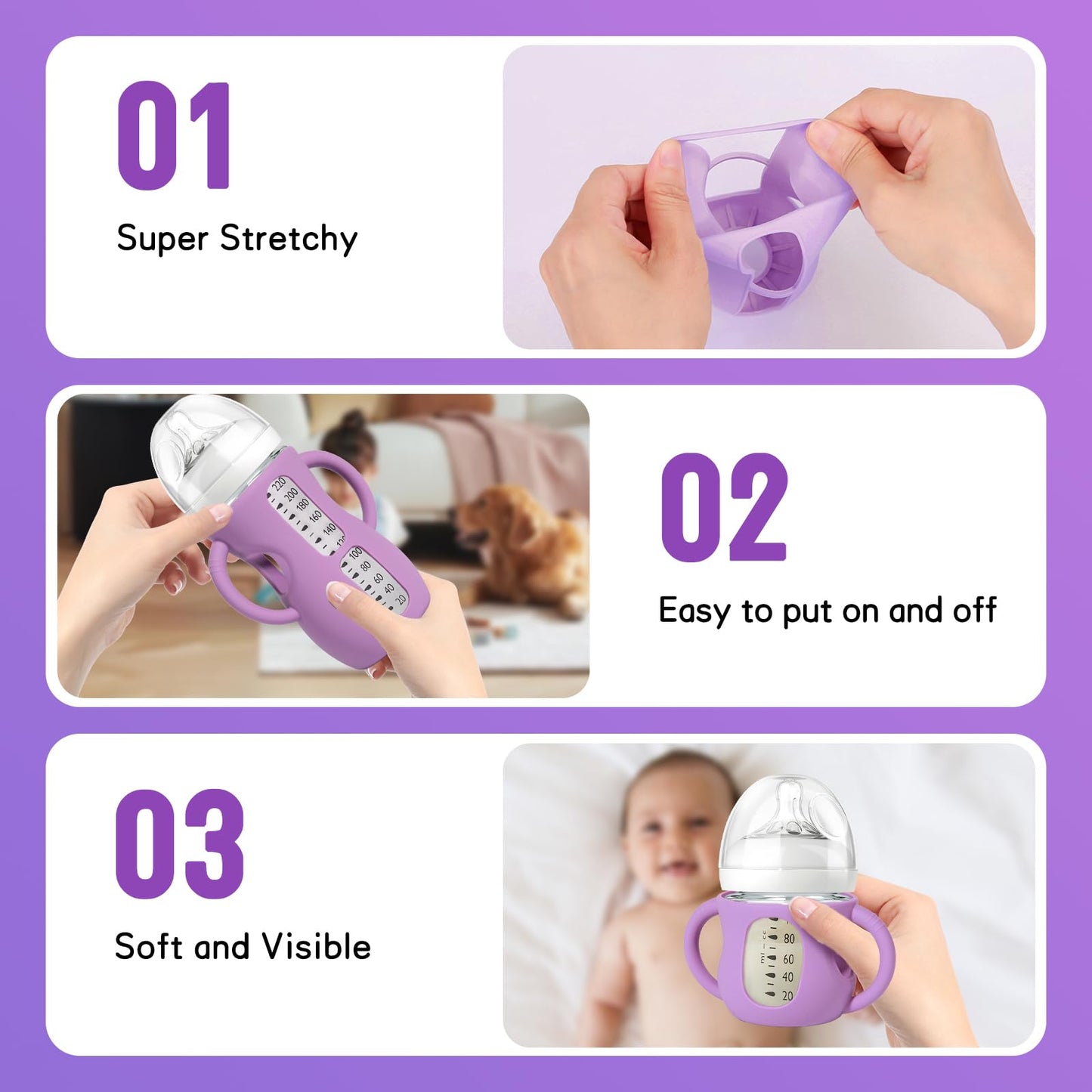 Audrwall Silicone Sleeves For Avent Natural Glass Baby Bottles, Bpa Free, Anti Breakage Baby Bottle Holder (Purple + White, 8 Ou